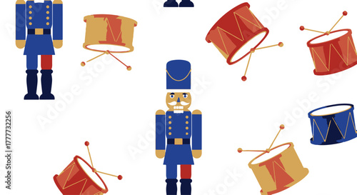 Flat design festive pattern with classic toy soldiers and musical drums, perfect for holiday season backgrounds and celebrations