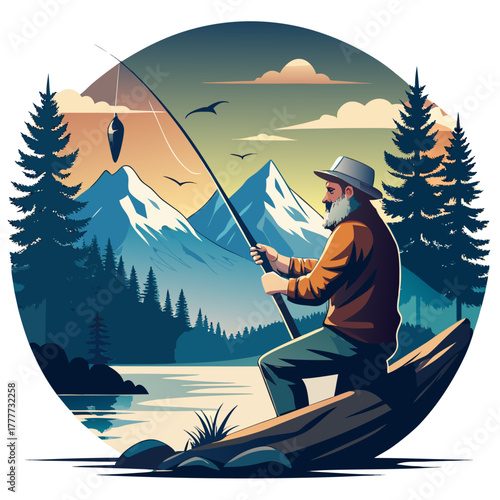 a grandpa fishing, showing a dynamic moment near a river bed, a mountain range in the distance,  scenery.