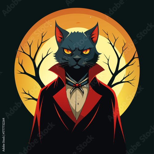a large black cat dressed as a vampire with a red cape, night scene, yellow moon, tree branches in the background
