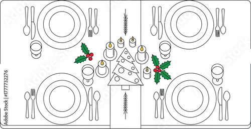 Festive christmas dinner table setting with tree and candles illustration
