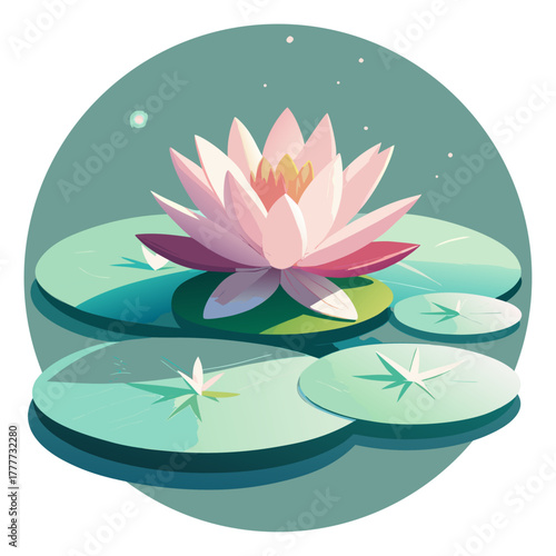 a lotus flower with pink petals resting on lily pads.