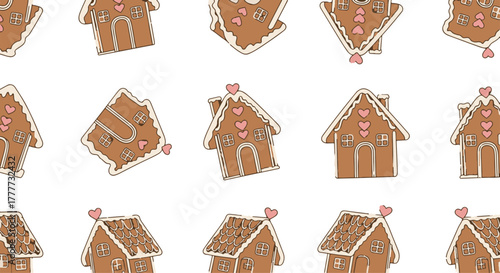 Cute Flat Gingerbread Houses Pattern with Pink Hearts and White Icing on a Clean Background – Festive Holiday Sweet Treats Illustration