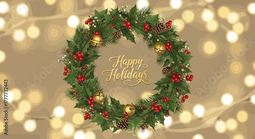 Festive holiday wreath with golden bells and red berries against a bokeh background