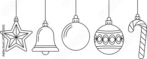 Minimalist line art of christmas ornaments hanging against a white background