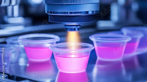 Colorimeter analyzing pink solution in clear cuvette under bright light