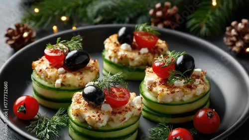 Holiday canapes with crisp cucumber rounds topped with creamy cheese, cherry tomatoes and black olives  fresh, elegant finger food perfect for Christmas, New Year or festive parties