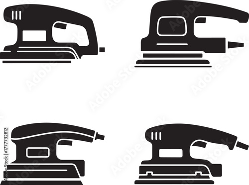 Collection of four black silhouette icons representing different types of electric sanders