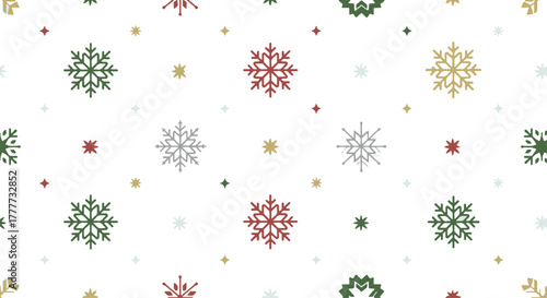 Festive Flat Seamless Pattern with Colorful Snowflakes and Holiday Accents on White for Winter Celebration Backgrounds