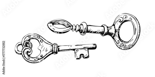 Hand drawn vintage key and lock vector set.