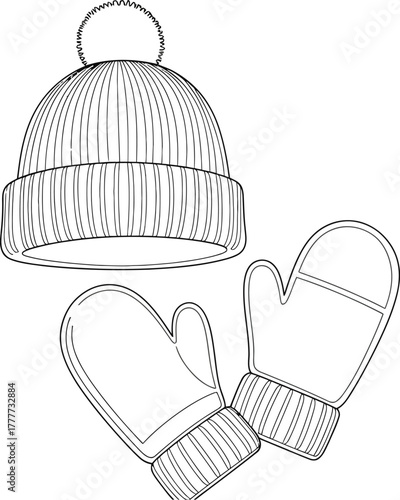 Winter hat and mittens illustration on a white background for coloring book