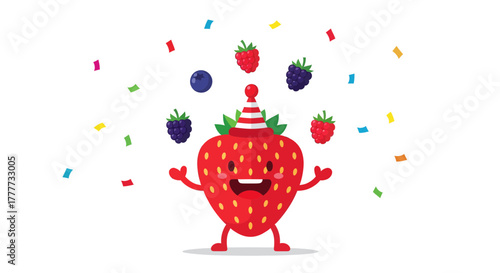 Joyful Strawberry Character Amidst Falling Berries and Festive Confetti Celebration
