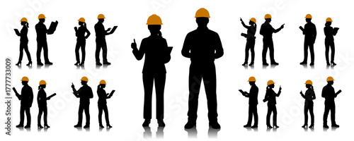 Silhouettes of male and female engineers wearing yellow helmets, standing with blueprints, tablets, and clipboards. Industrial teamwork concept illustration with reflection on white background