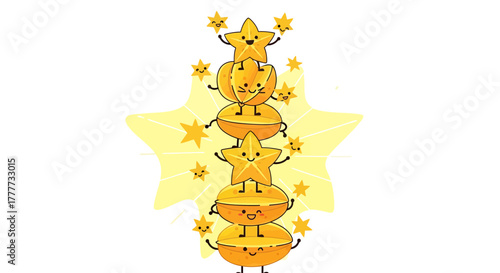 Joyful Starfruit Characters Playing with Starry Backdrop in Adorable Cartoon Illustration