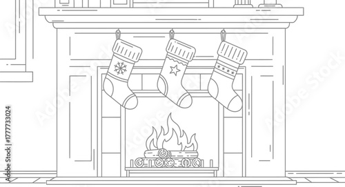 Christmas stockings hanging on a fireplace with a warm fire in a line drawing