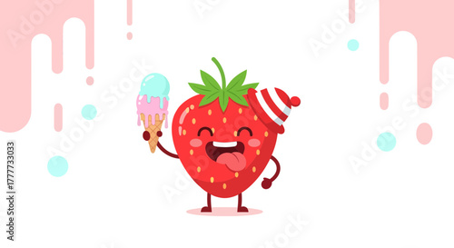 Joyful Strawberry Character Delighted with Delicious Ice Cream Cone Creation