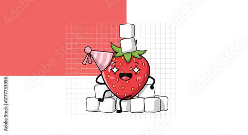 Joyful Strawberry Character Surrounded Sweet Cubes Wearing Party Hat Celebration