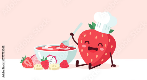 Joyful Strawberry Chef Preparing a Delicious Fruit Smoothie in a Cheerful Kitchen Setting