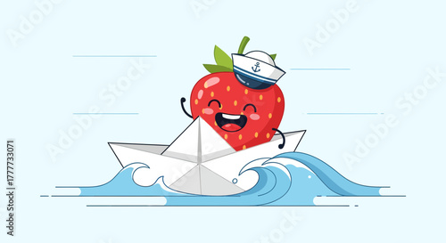 Joyful Strawberry Sailor Sailing on a Paper Boat Across the Ocean's Waves