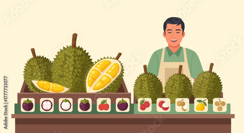 Joyful Street Vendor Displaying Tropical Fruits and Smiling at His Customers