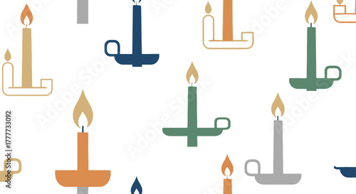 A warm and inviting flat design seamless pattern featuring elegant candles with flickering flames, perfect for serene and cozy backgrounds