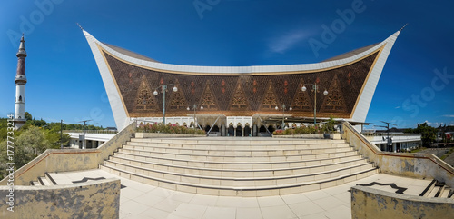 Panoramic view of  the Grand Mosque of West Sumatra, Mosque with Minangkabau Architecture in Padang, Sumatra Indonesia