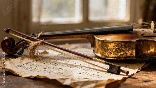 A symbolic still life of musical reflection: a violin bow, sheet music, and brass music box in soft diffused window light