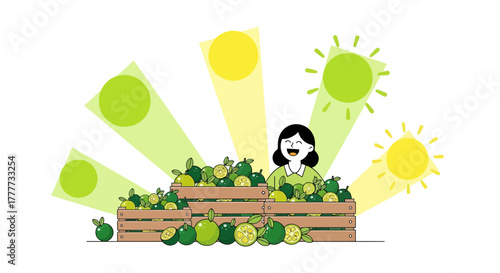 Joyful Woman Surrounds Her Fresh Harvest of Citrus Fruits Under Sunny Light