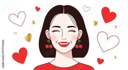 Joyful Woman With Cherry Earrings And Heart Decorations Showing Affectionate Feelings