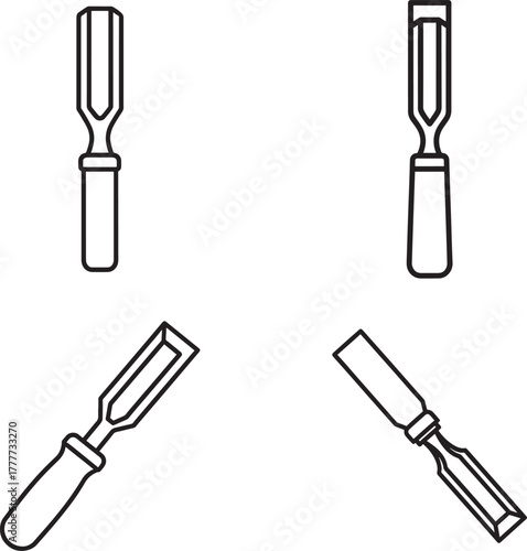 Four hand drawn illustrations of woodworking chisels on a white background
