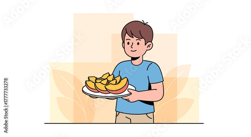 Joyful Young Person Presenting Deliciously Sliced Fruit On a White Serving Plate