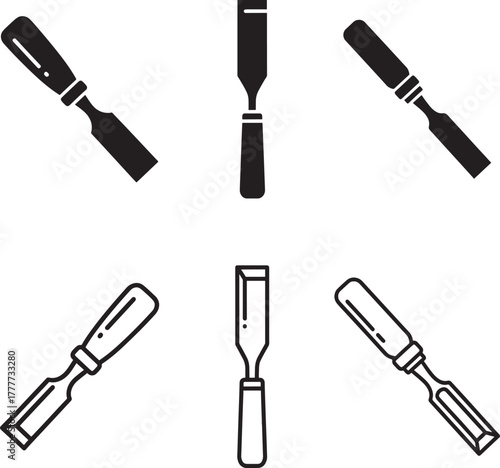 Collection of woodworking chisels in various angles and line art and silhouette styles