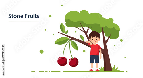 Joyful Young Explorer Finds Lush Cherries in Sunny Orchard Paradise Creation