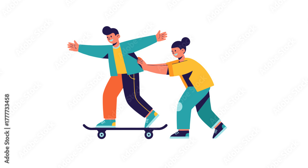 Fototapeta premium Learning To Skateboarding With Supportive Friend On Black Background Illustration