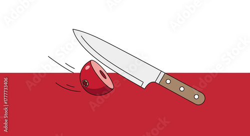 Knife Cutting Fruit Illustration, Food Preparation, Crimson Background And White Space