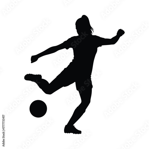 Silhouette of a female soccer player kicking a ball in a dynamic pose
