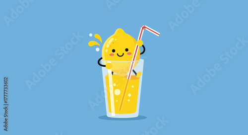 Lemon Character Enjoying a Refreshing Drink in a Fun Cartoon Illustration