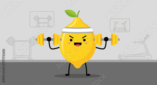 Lemon Character Exercising With Dumbbells and Treadmill, Healthy Lifestyle Concept