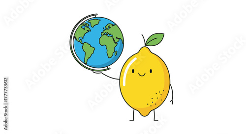 Lemon Character Holding a Globe, Representing Global Awareness and Citrus Fruit Connection
