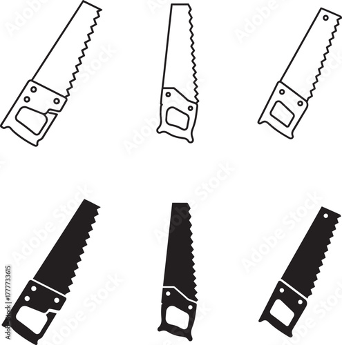 Collection of hand saws in line art and silhouette styles for diy and craft projects