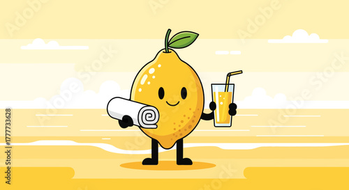Lemon Character, Sipping Juice and Relaxing in a Sunny Scenic Composition