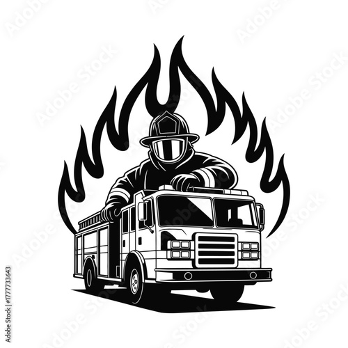 Firefighter in helmet standing on fire truck with flames illustration