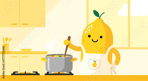 Lemon Chef Is Happily Cooking Delicious Soup In The Sunshine-Filled Kitchen Setting