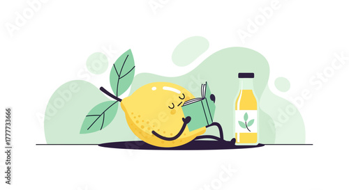 Lemon Reading a Book Beside a Bottle of Juice in Cartoon Style Illustration