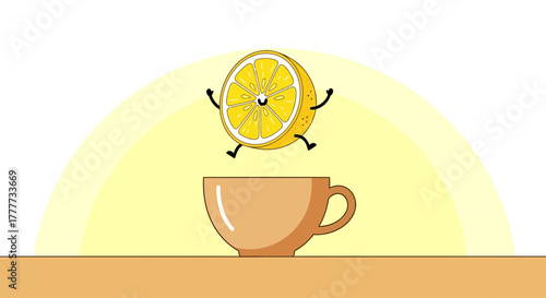 Lemon Slice Jumps Happily Above A Teacup, Bright And Cheerful Cartoon Art