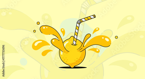 Lemon Splash Juice: Refreshing Summer Drink With A Trendy Cartoon Style Illustration