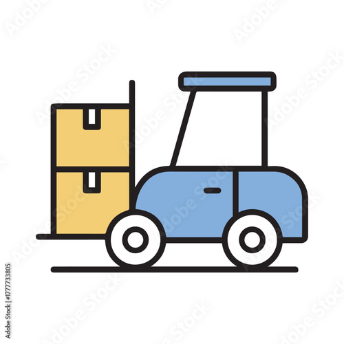 Simple flat Icon Design of a blue forklift truck lifting two yellow stacked boxes in a warehouse setting