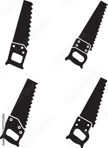 Four black silhouette hand saws with wooden handles on a white background