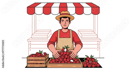 Local Fruit Seller At A Market Stall In A Bright, Illustrated, Flat Design Style