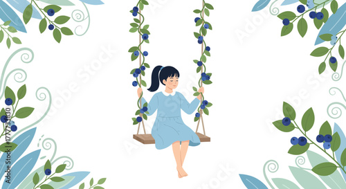 Little Girl Enjoys Swinging Surrounded by Beautiful Floral Vines in a Peaceful Scene