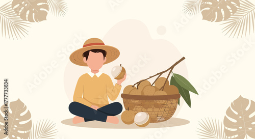 Longan Harvest Scene Showcasing Fresh Fruit with a Calm Farmer Illustration